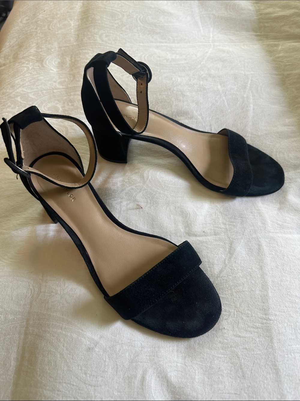Ann Taylor Black Suede Ankle-Strap Block Heel Sandals